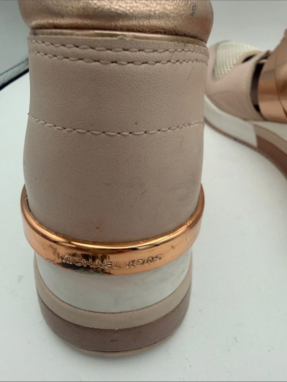 Michael Kors MK Beckett wedge trainer sneakers pink ballet, beige gold sz 8M